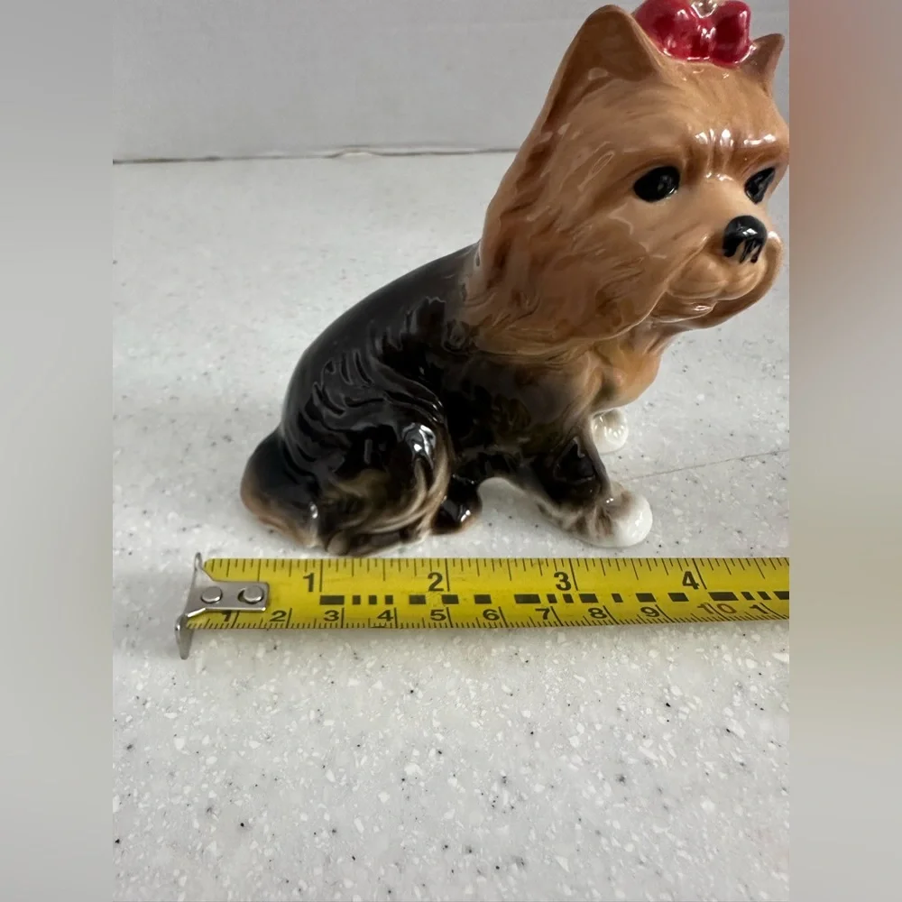 Vintage Bone China Yorkshire Terrier Dog Figurine with Red Bow! Collectible